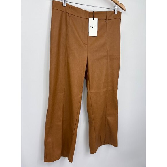 7 For All Mankind Vegan Faux Leather Crop Pant Camel Brown Large NEW - Picture 2 of 6